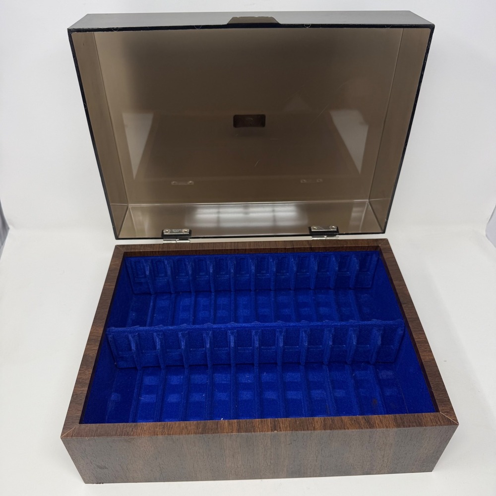 Vintage 24 Cassette Tape Storage Case Faux Wood Smoked Lid Blue Flocked Interior